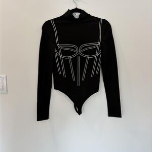 Wolford Black Long-Sleeve Mock Neck Bodysuit with White Piped Detail